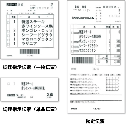 飲食店向けオーダーシステム お客様伝票と調理指示伝票