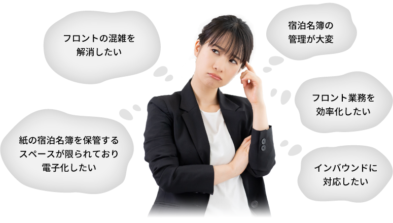 フロント業務をもっと効率化したい インバウンド需要を取り込みたい 混雑する時間帯になると人手不足のためお客様を待たせてしまう スタッフの負担を軽減したい!